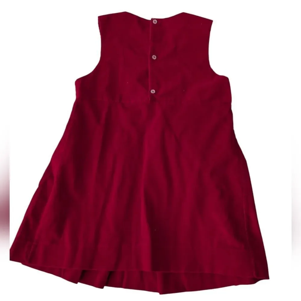 70s Vintage Girls Red Corduroy Mushroom Embroidered Floral‎ Dress